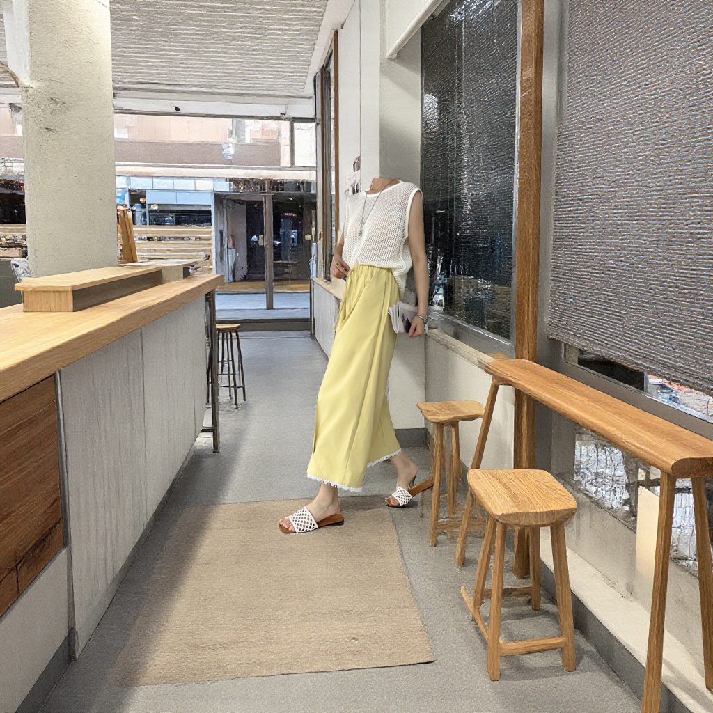 浅蓝色无袖上衣配白色阔腿裤套装女夏季休闲穿搭女裤哈伦裤女窄版阔腿西裤