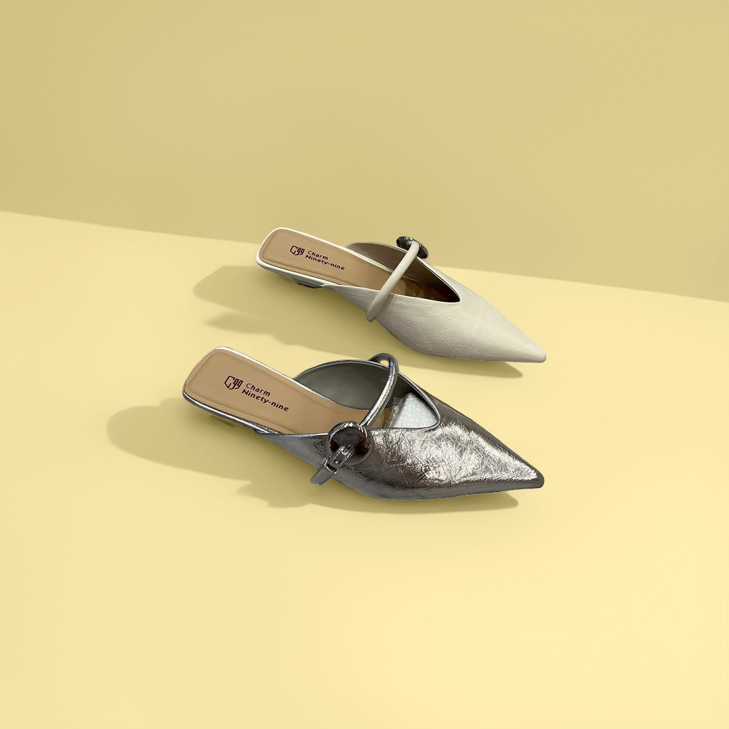Silver and off-white pointed-toe mules are fashionable and versatile single shoes for women details Picture