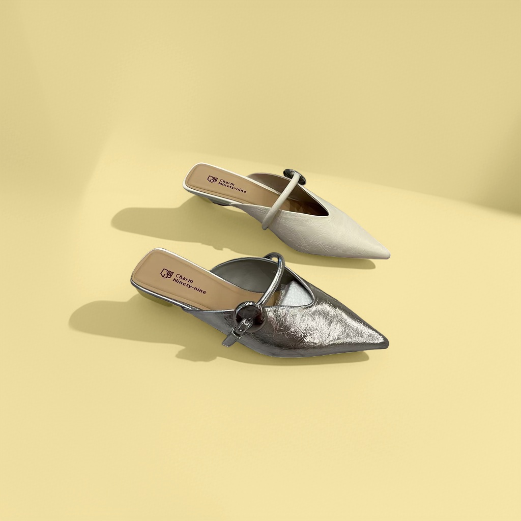 Silver and off-white pointed-toe mules are fashionable and versatile single shoes for women