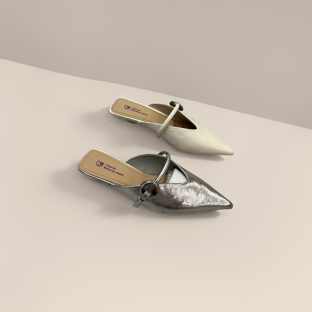 Silver and off-white pointed-toe mules are fashionable and versatile single shoes for women Specification image
