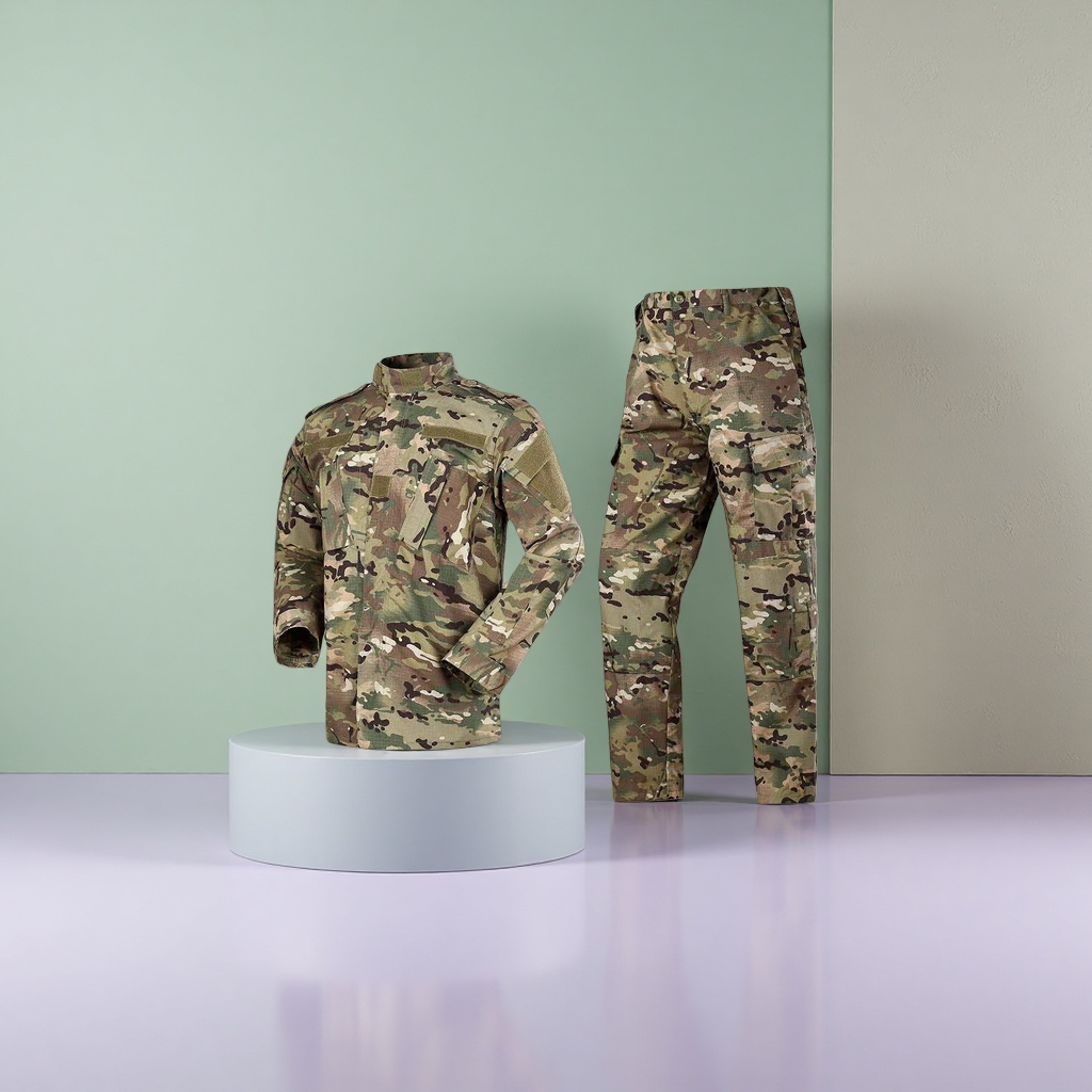 A set of outdoor training workwear for both men and women, featuring a camouflage jacket and trousers Application Scenario