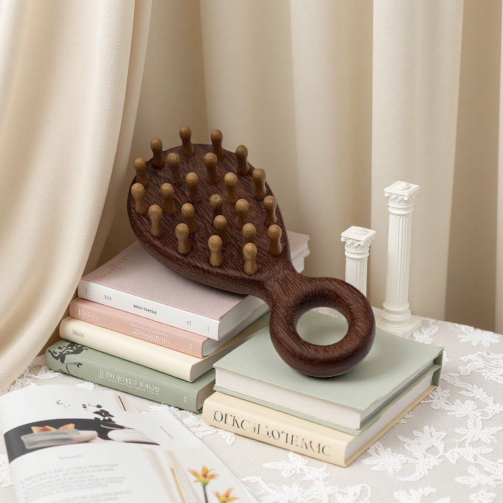 Natural wooden golden sandalwood massage comb. The wooden massage comb is anti-static, does not damage hair, has wide teeth, is thick and durable Specification image