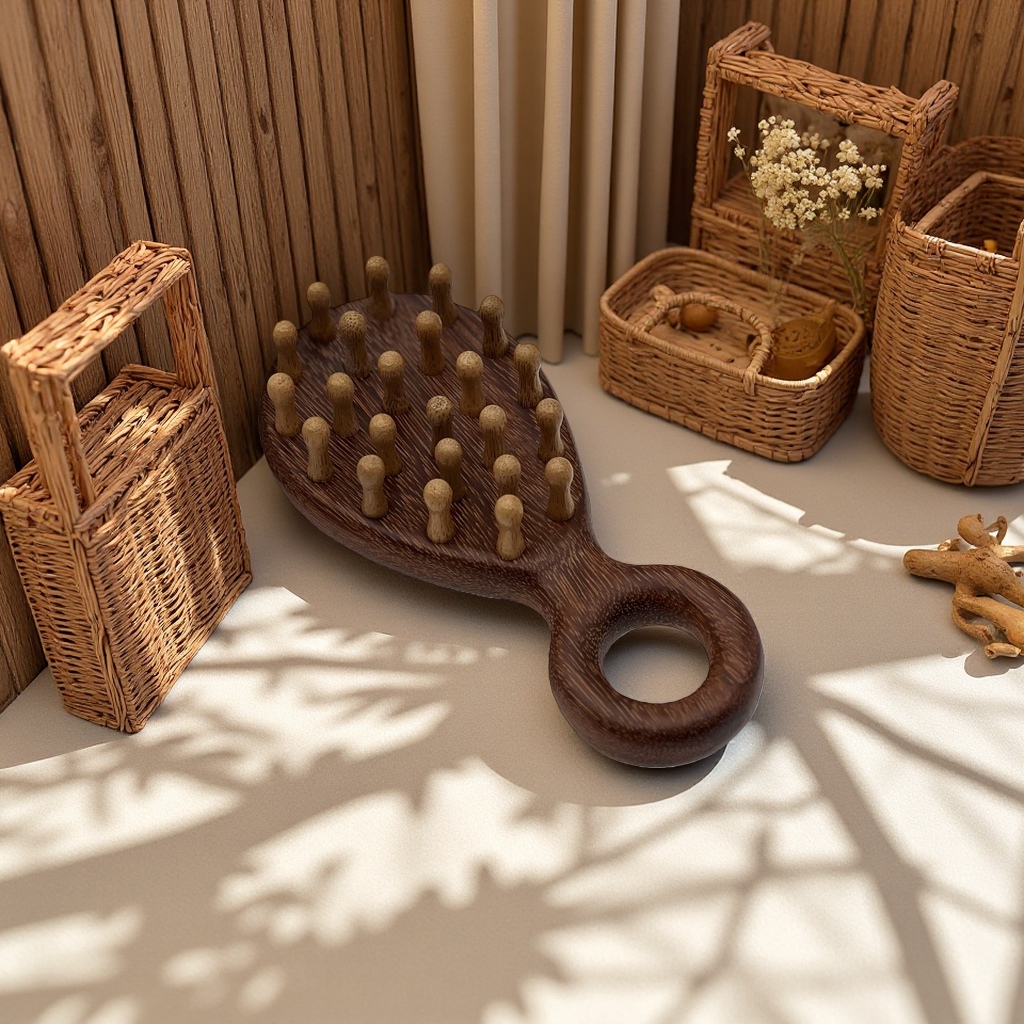 Natural wooden golden sandalwood massage comb. The wooden massage comb is anti-static, does not damage hair, has wide teeth, is thick and durable details Picture