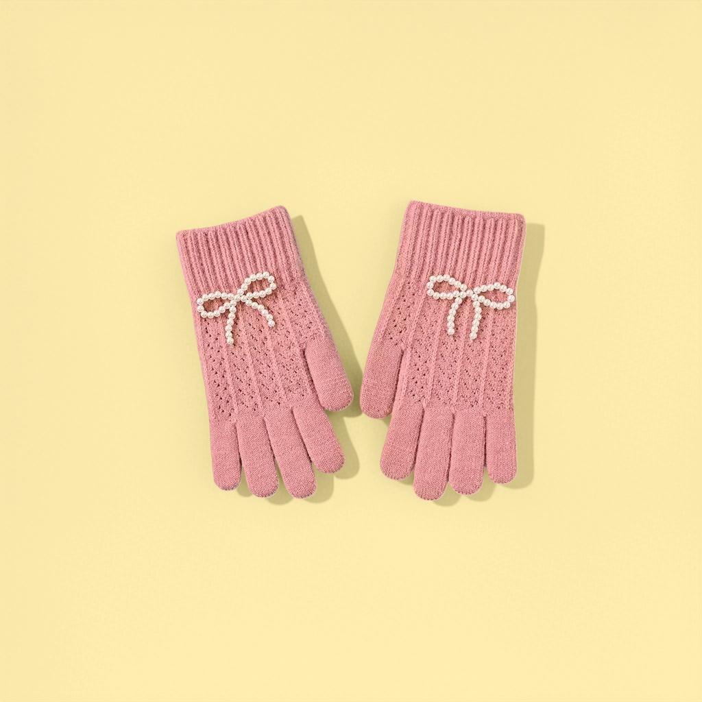 Pink knitted gloves for women, warm and anti-slip, fingertip touch screen autumn and winter style