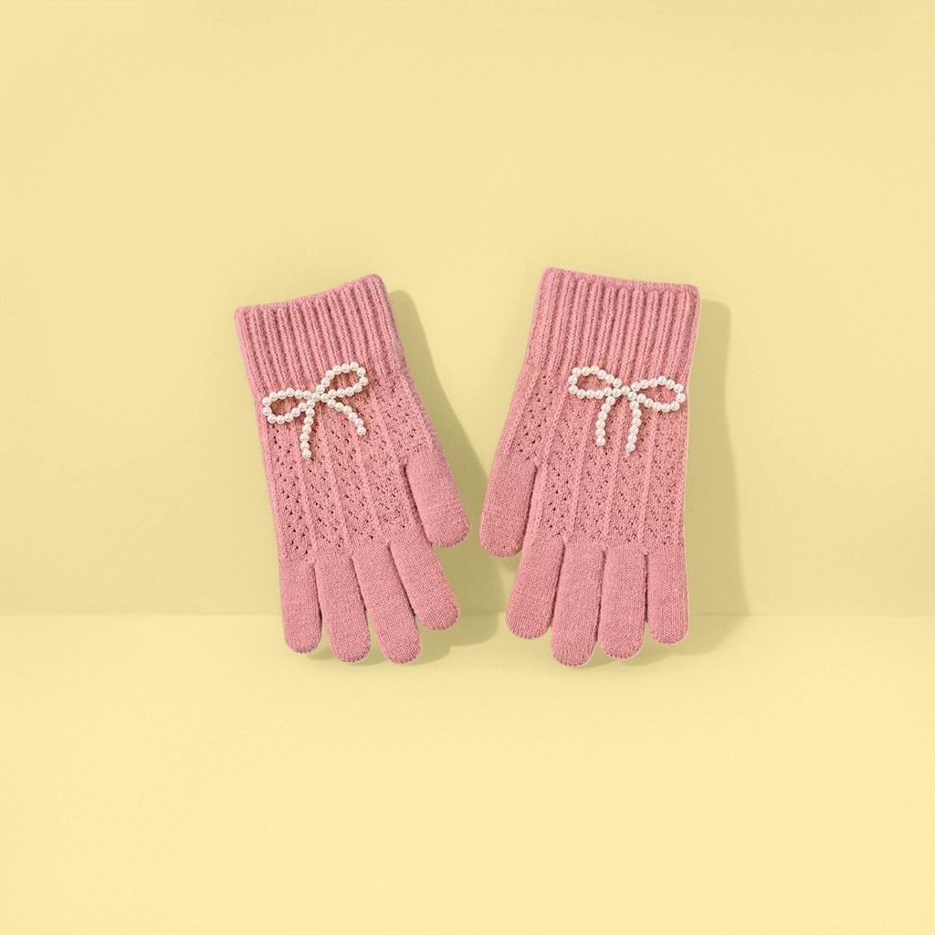 Pink knitted gloves for women, warm and anti-slip, fingertip touch screen autumn and winter style details Picture