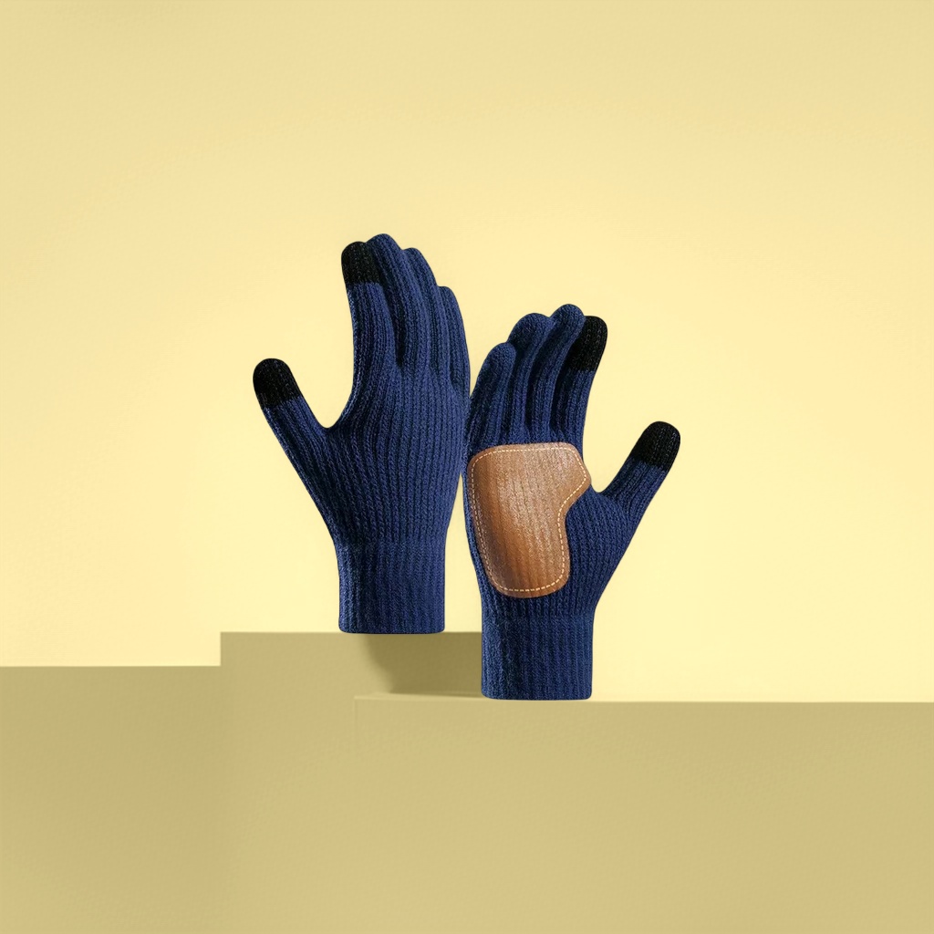 Dark blue knitted gloves, brown leather palm patches, black fingertips details Picture