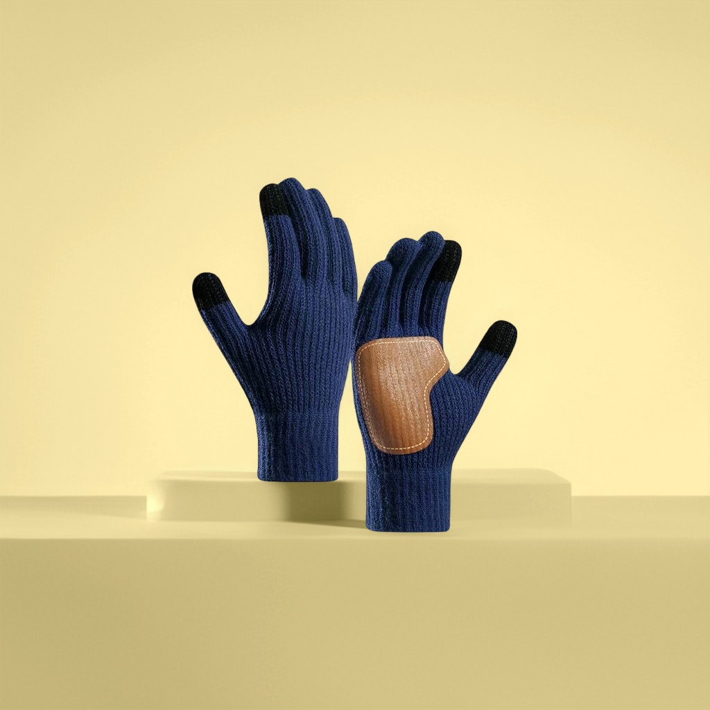 Dark blue knitted gloves, brown leather palm patches, black fingertips Application Scenario