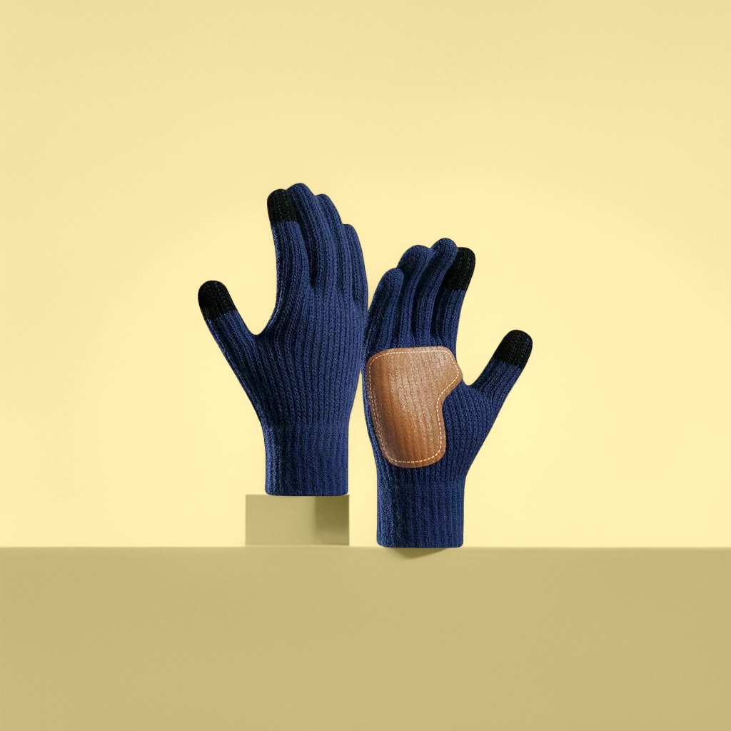 Dark blue knitted gloves, brown leather palm patches, black fingertips Specification image