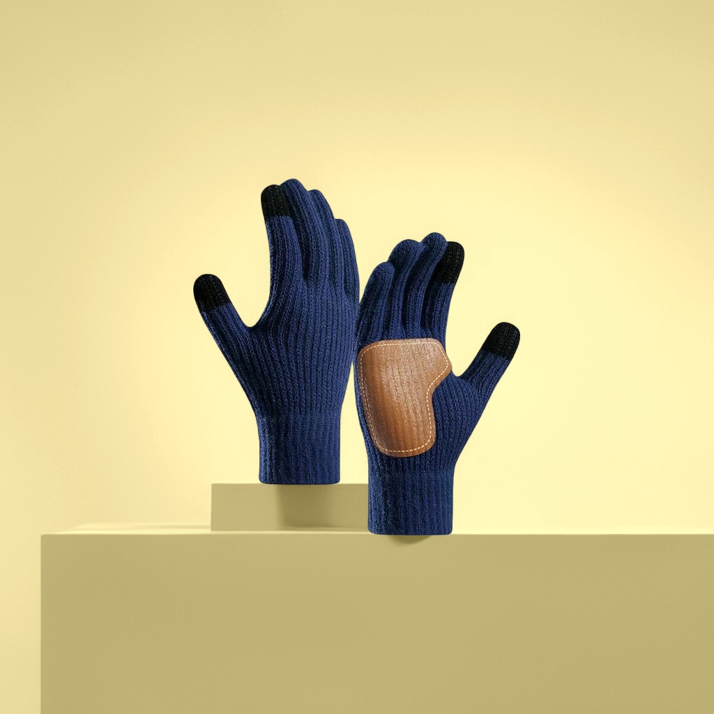 Dark blue knitted gloves, brown leather palm patches, black fingertips
