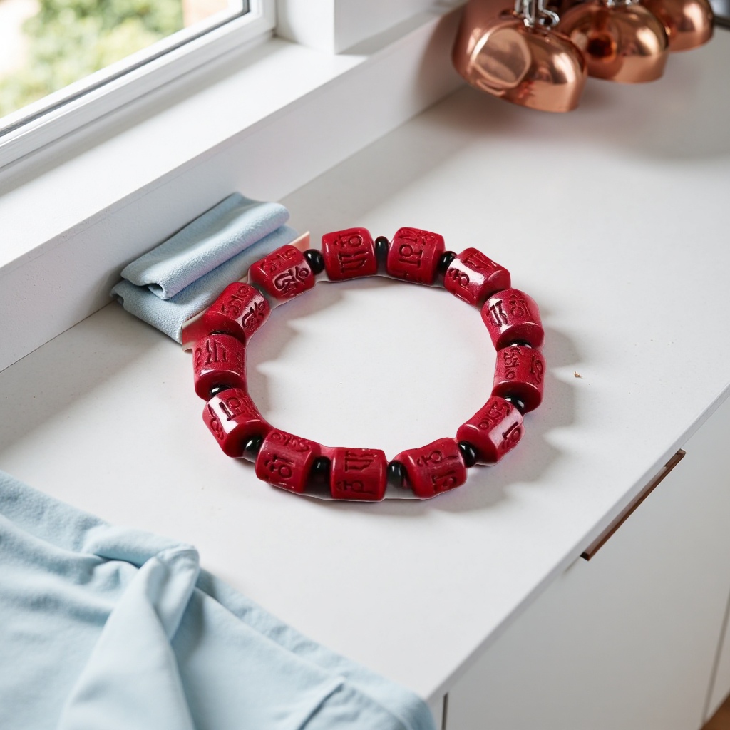 Red engraved bead bracelet, a fashionable, simple and individual accessory, is a wrist decoration for women details Picture