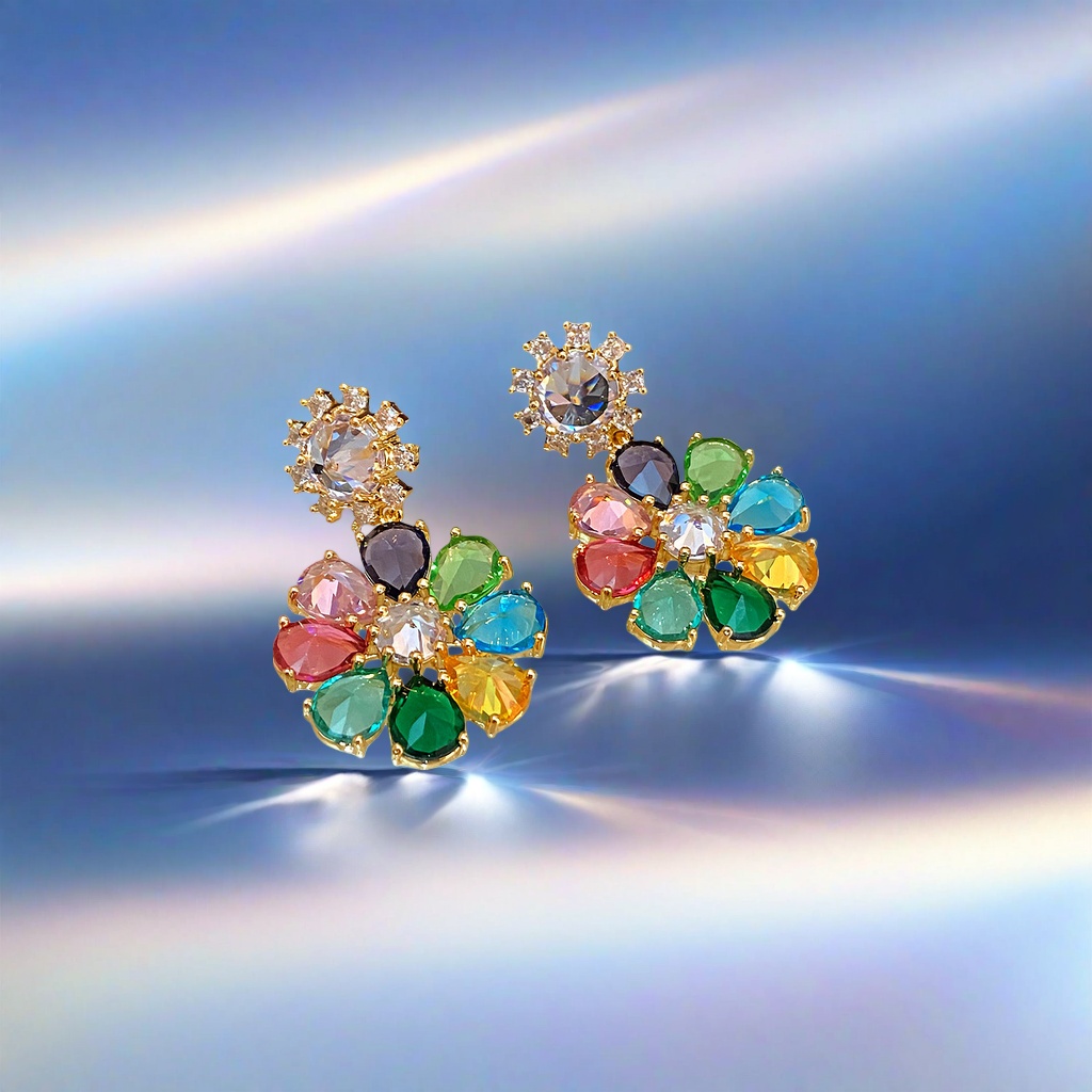 Colorful gemstone flower earrings, fashionable and light luxury women's earrings, heavy industry exaggerated fashion, colorful zircon flower stud earrings, light luxury retro court style earrings, high-end fashionable earrings Specification image