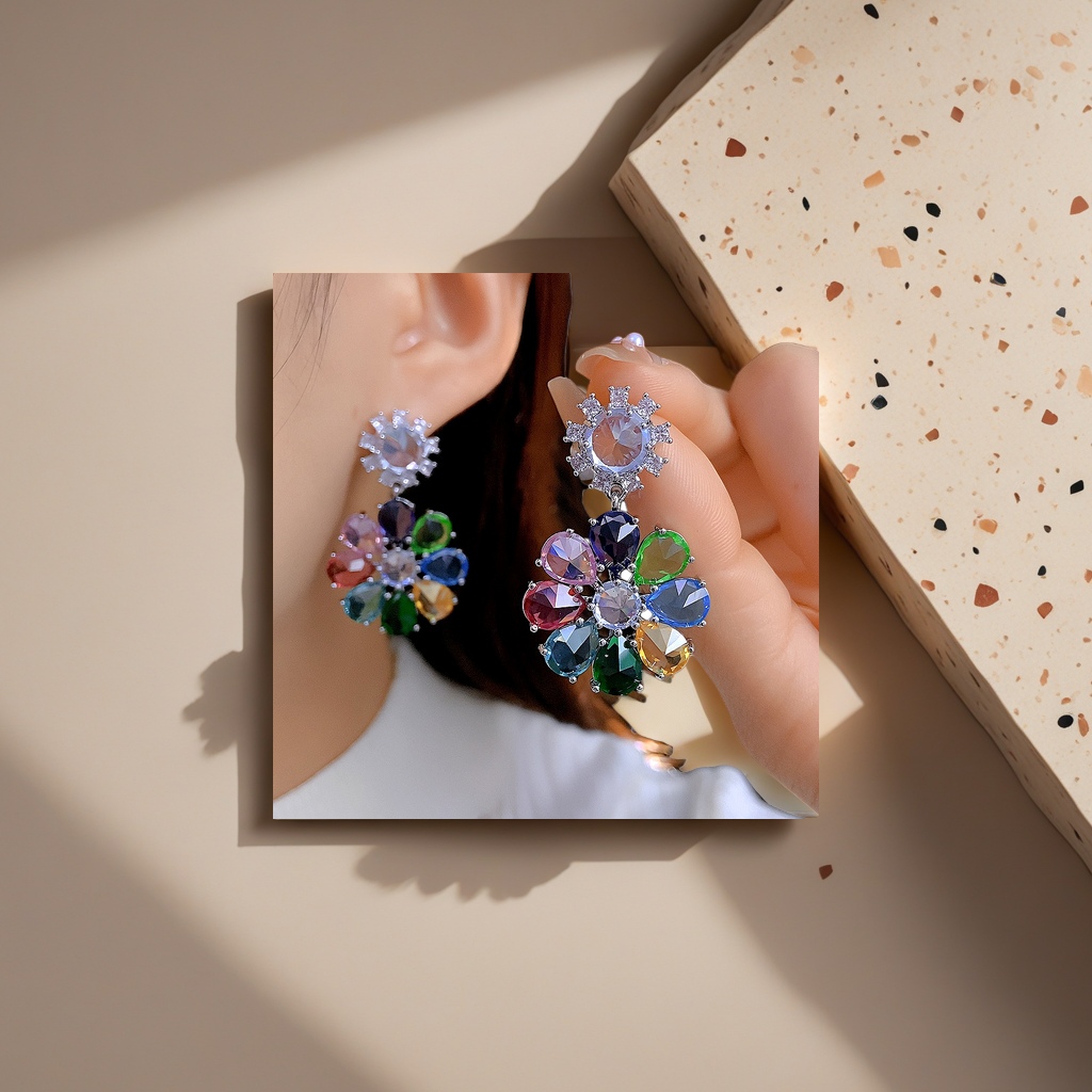 Colorful gemstone flower earrings, fashionable and light luxury women's earrings, heavy industry exaggerated fashion, colorful zircon flower stud earrings, light luxury retro court style earrings, high-end fashionable earrings details Picture