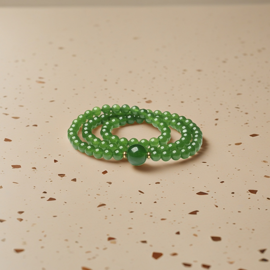 Natural Hetian jade green bead bracelet, natural stone beads, simple and fashionable women's three-round bracelet, silver accessory, jade bead bracelet, versatile for women details Picture