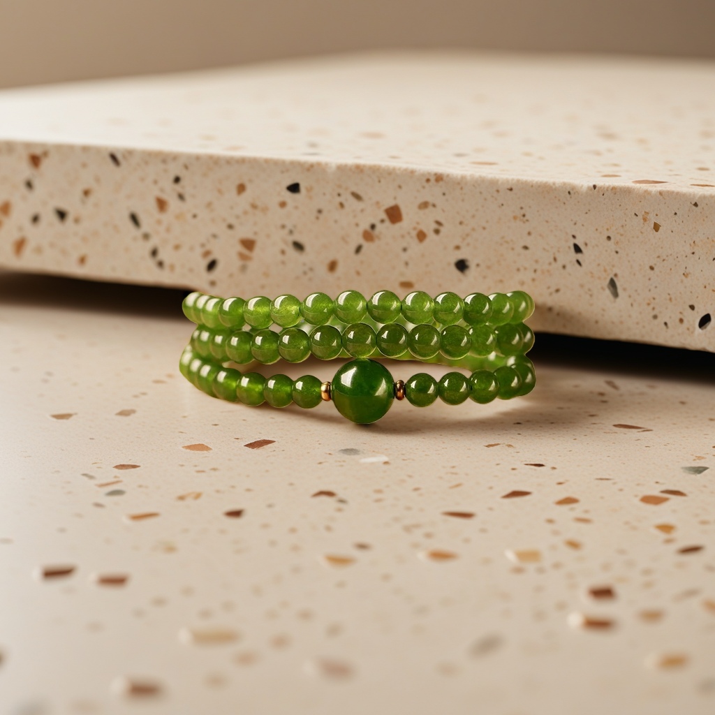 Natural Hetian jade green bead bracelet, natural stone beads, simple and fashionable women's three-round bracelet, silver accessory, jade bead bracelet, versatile for women Specification image