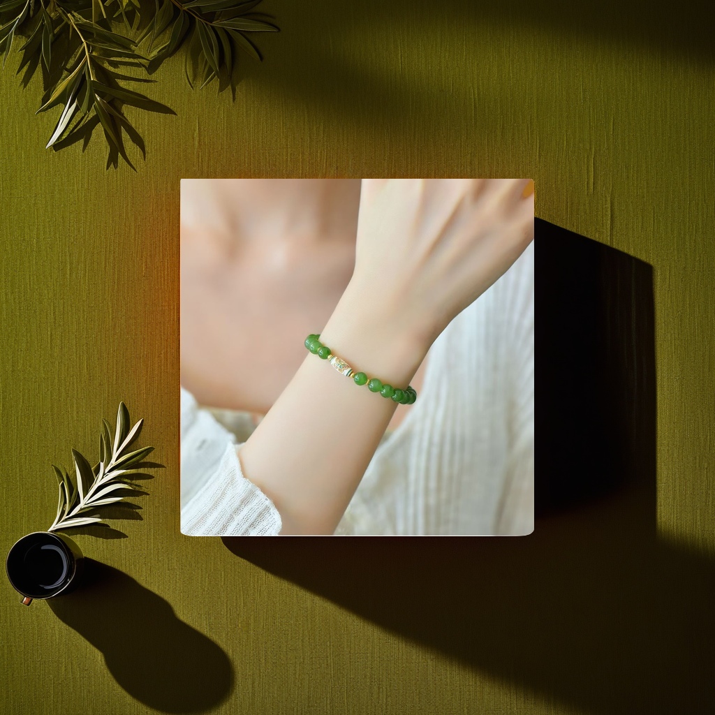 Green bead bracelet, natural jade bracelet, fashionable and simple women's jewelry, Hetian jade and jasper bracelet, women's 925 silver accessory, 6m bracelet, women's style, versatile Specification image