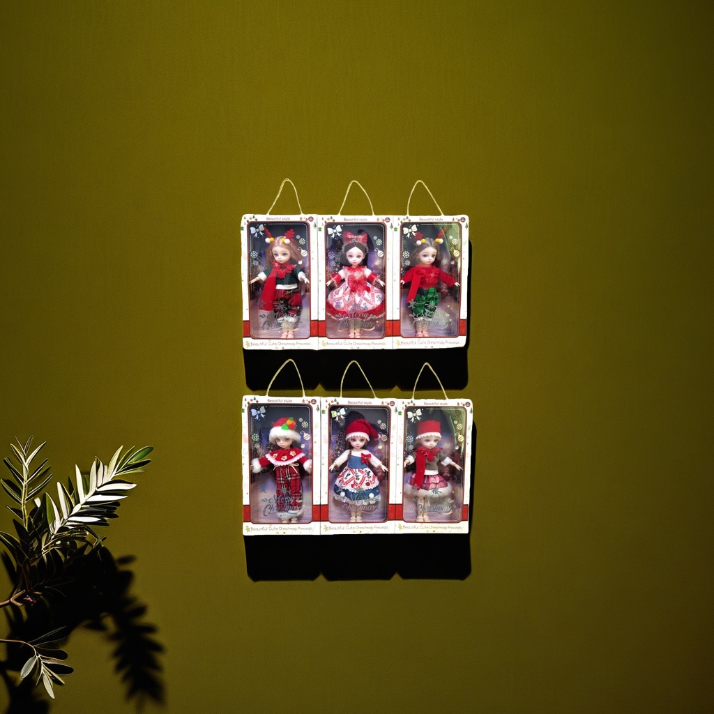 Six Christmas-themed dolls in different costumes