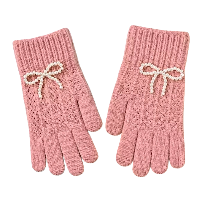 Pink knitted gloves for women, warm and anti-slip, fingertip touch screen autumn and winter style Item Picture