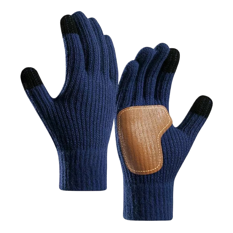 Dark blue knitted gloves, brown leather palm patches, black fingertips Item Picture