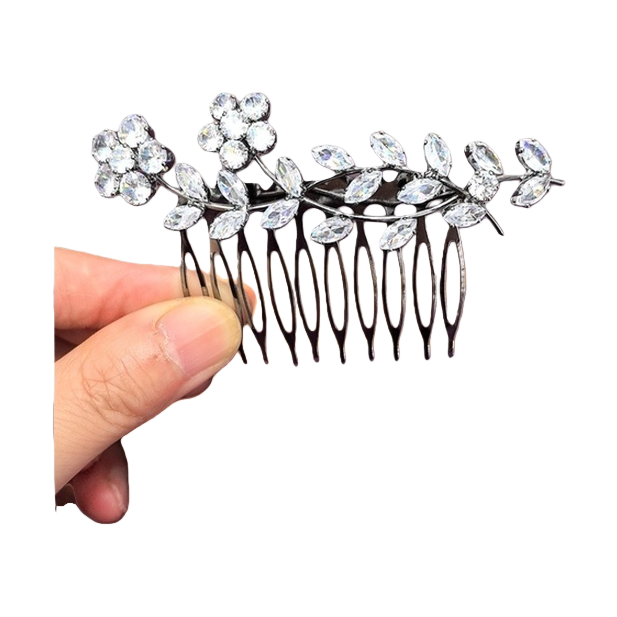 Diamond-encrusted flower hair comb, a fashionable and elegant lady's hair accessory with a metallic texture Item Picture