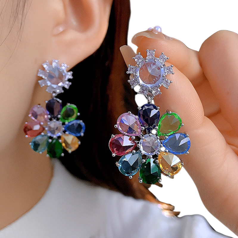 Colorful gemstone flower earrings, fashionable and light luxury women's earrings, heavy industry exaggerated fashion, colorful zircon flower stud earrings, light luxury retro court style earrings, high-end fashionable earrings Item Picture