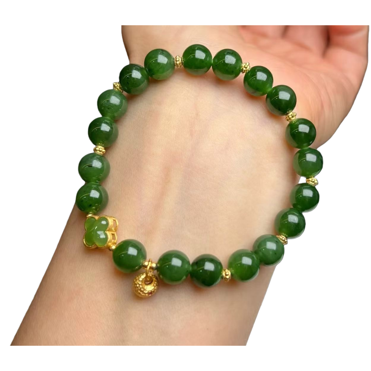 Original design of Hetian jade jade bracelet, women's natural jade 6x7mm vintage bead bracelet, women's natural amber new style jewelry four-leaf clover bracelet Item Picture