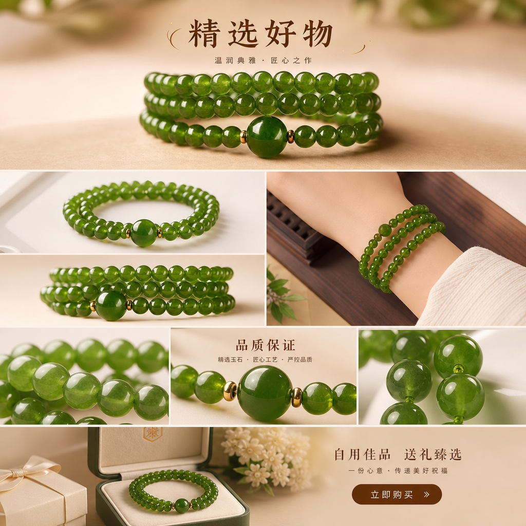Natural Hetian jade green bead bracelet, natural stone beads, simple and fashionable women's three-round bracelet, silver accessory, jade bead bracelet, versatile for women pic 1