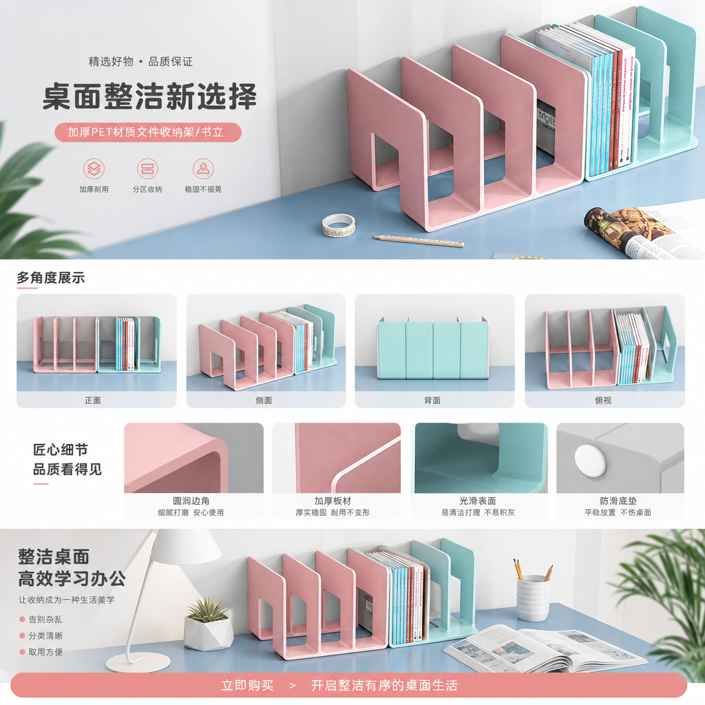 加厚PET材质书立 金属底座防滑稳固桌面整理神器详情1