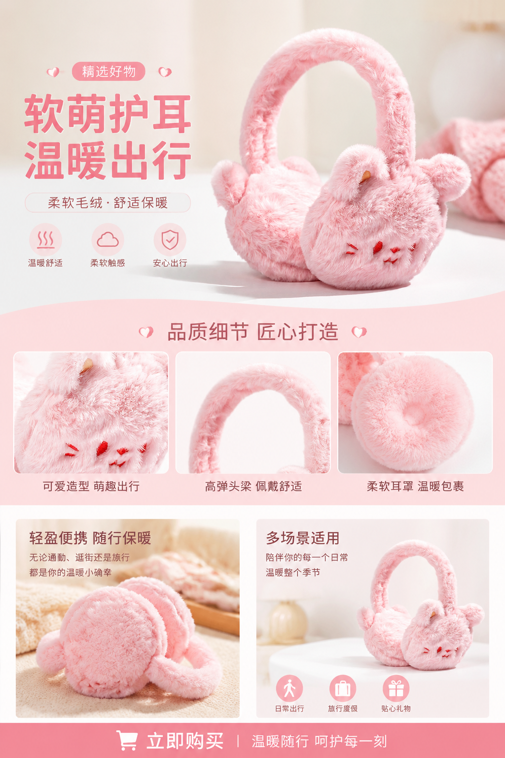 Pink plush cat ear cups are warm and cute, with a girlish style for winter ear warming and ear protection caps pic 1