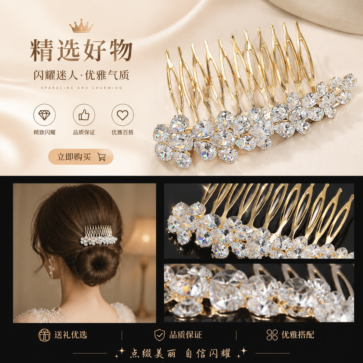 Golden diamond-encrusted hair comb, fashionable and elegant ladies' comb, 18cm exquisite gift box set pic 1