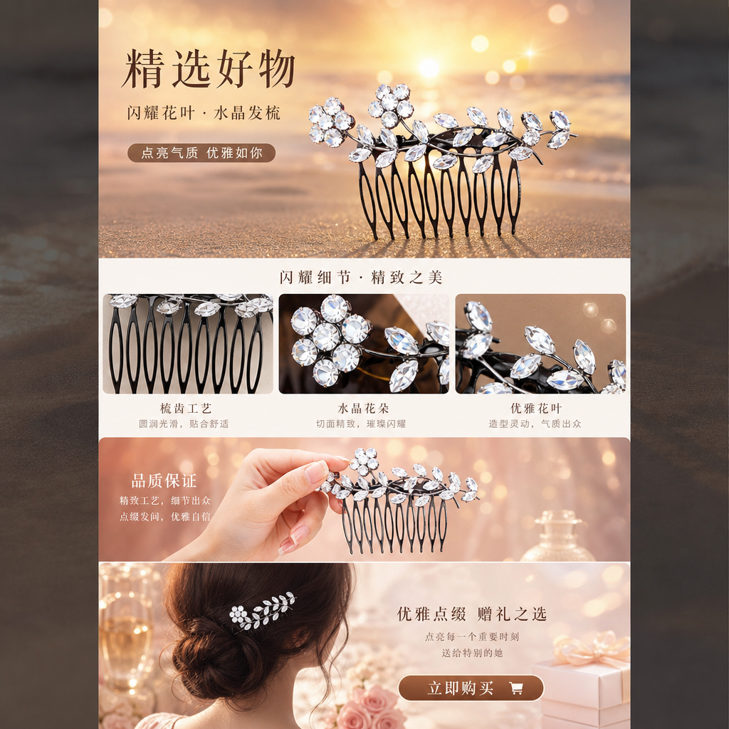 Diamond-encrusted flower hair comb, a fashionable and elegant lady's hair accessory with a metallic texture pic 1