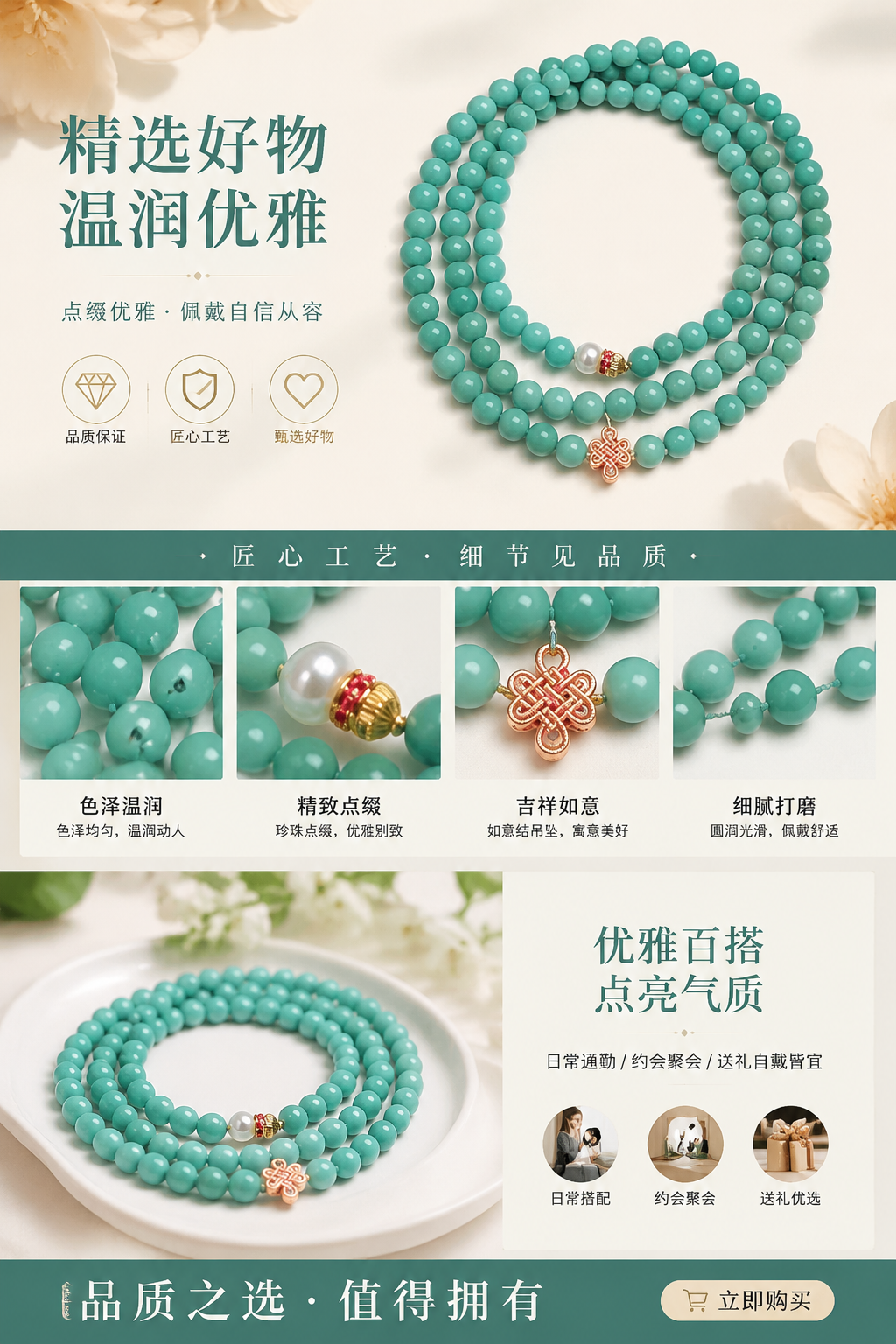 Natural raw turquoise high porcelain jelly material 4.8m Xiaomi chain necklace bracelet multi-loop collarbone chain bracelet women's original design trendy jewelry 18k real gold Chinese knot gourd accessory supports national inspection pic 1