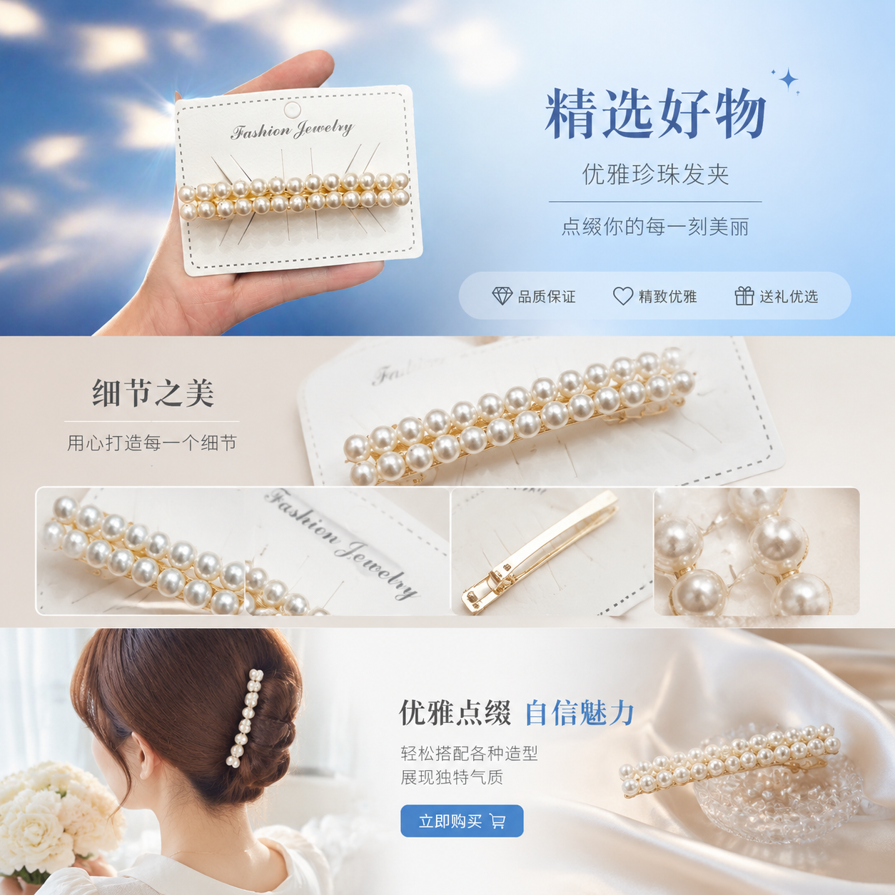 Natural freshwater pearl hair clips, elegant pearl jewelry for women, one-piece hair clips pic 1