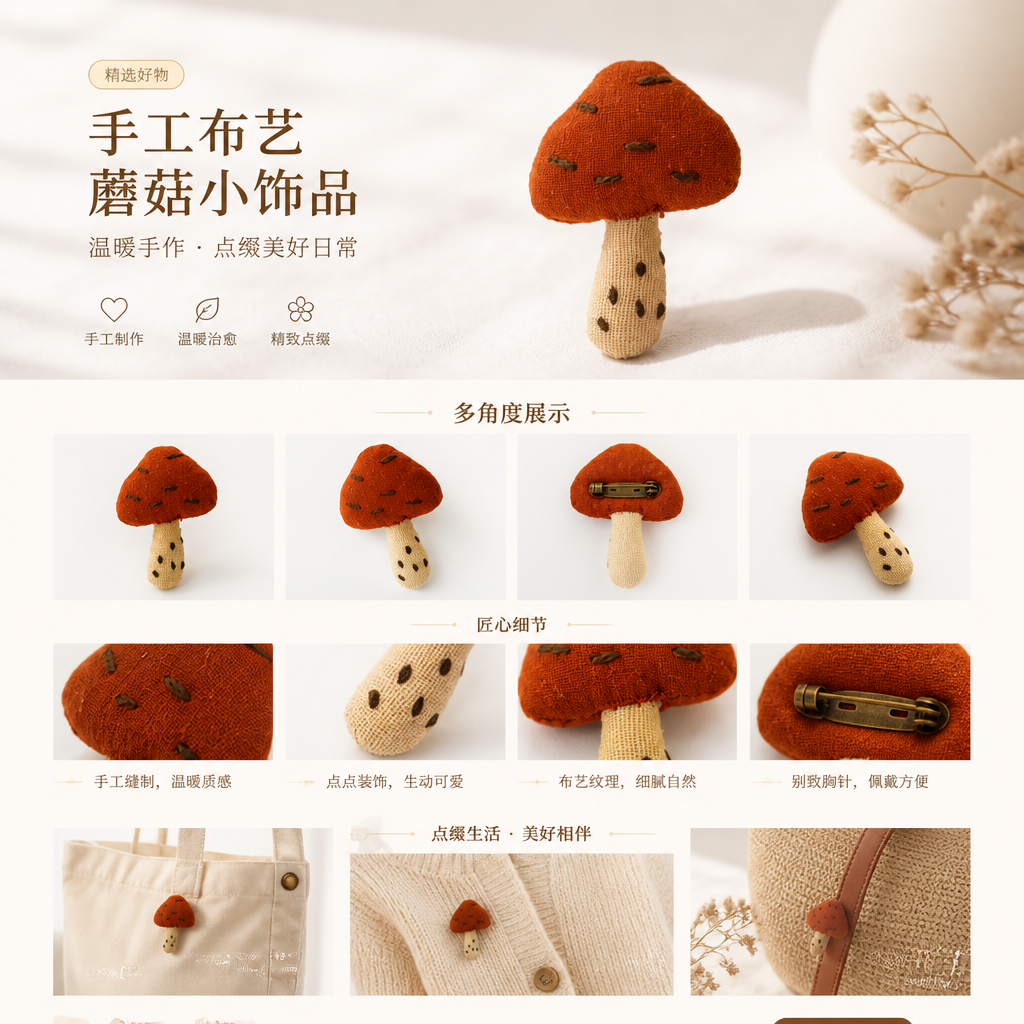 手工布艺蘑菇挂饰 家居装饰摆件 原创设计可爱风详情1
