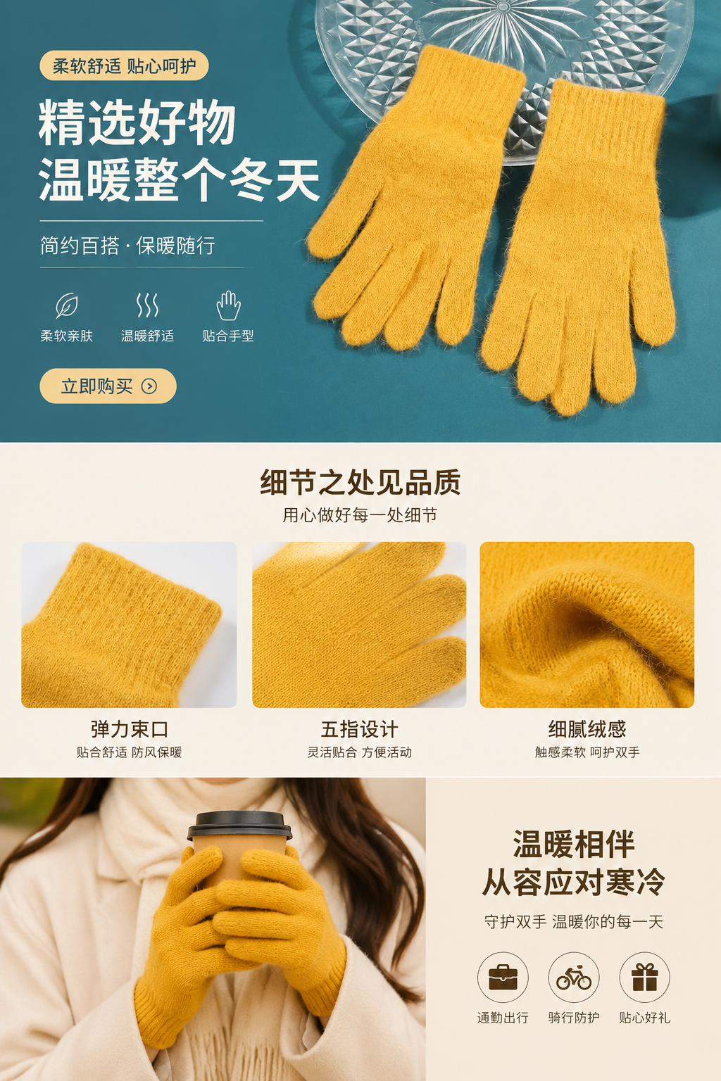黄色针织手套 保暖防滑女士秋冬薄款护手详情1