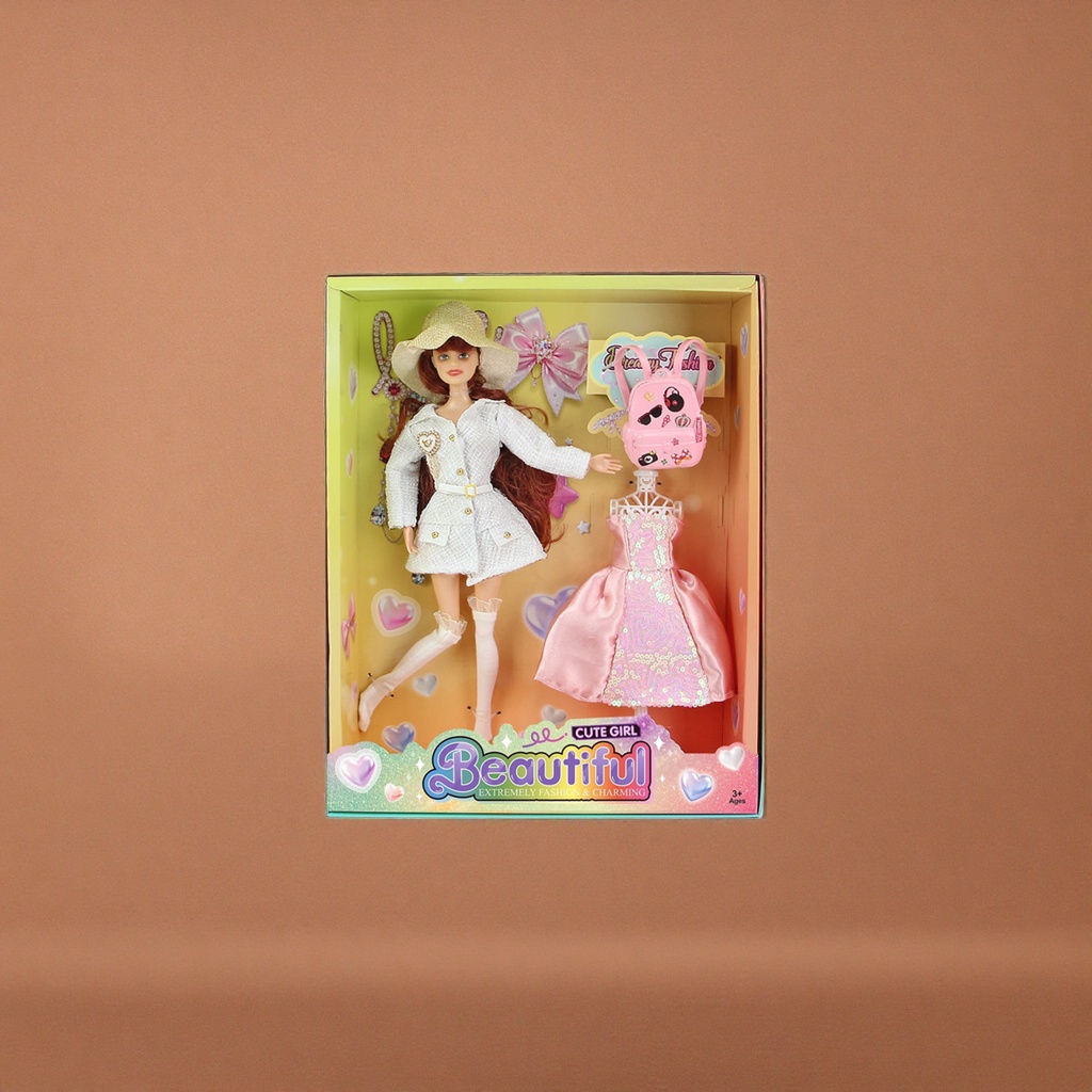 Fashionable Barbie doll set, 11-inch articulated white coat, pink dress, hat, backpack Application Scenario