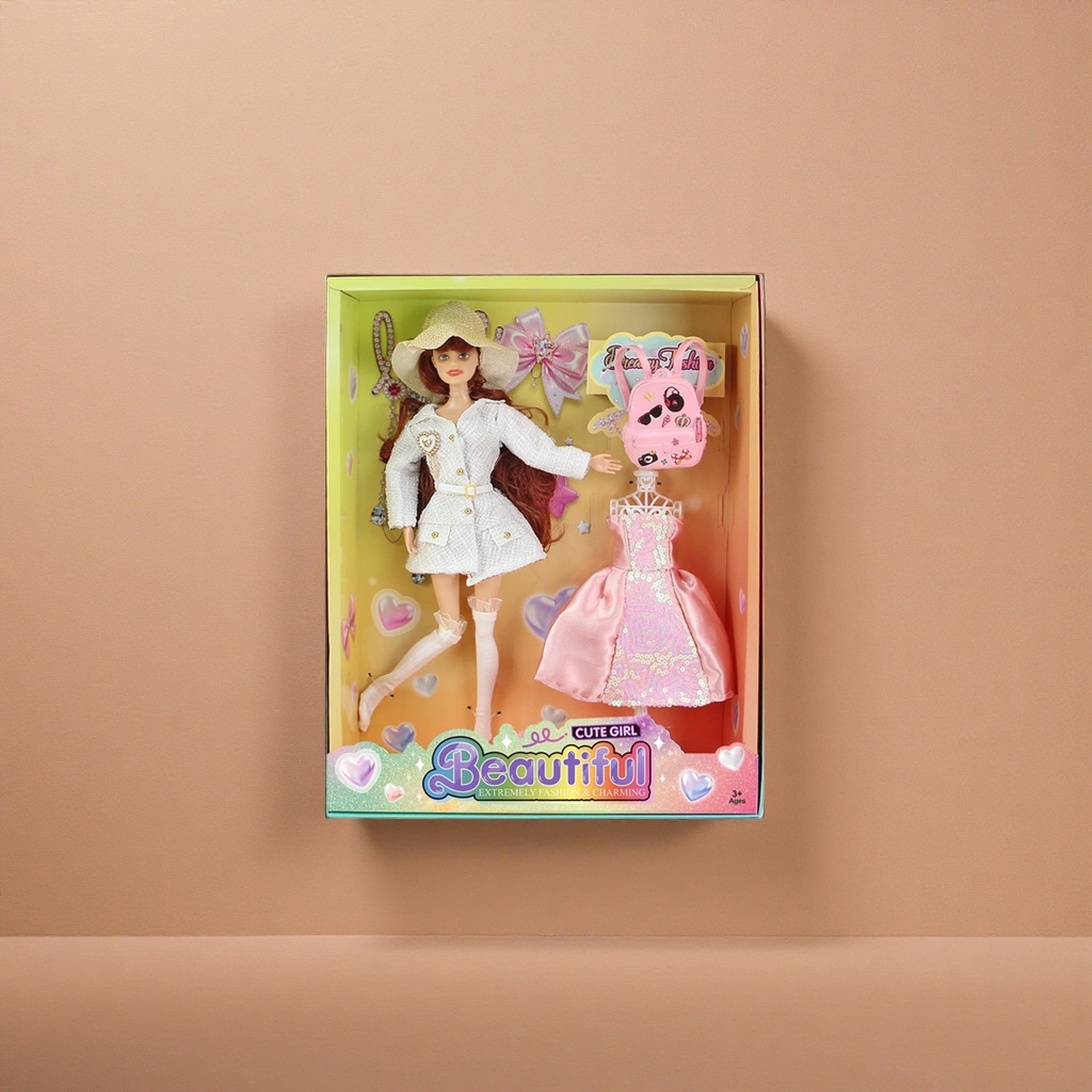 Fashionable Barbie doll set, 11-inch articulated white coat, pink dress, hat, backpack