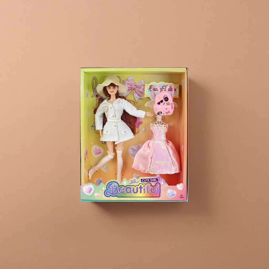 Fashionable Barbie doll set, 11-inch articulated white coat, pink dress, hat, backpack Specification image