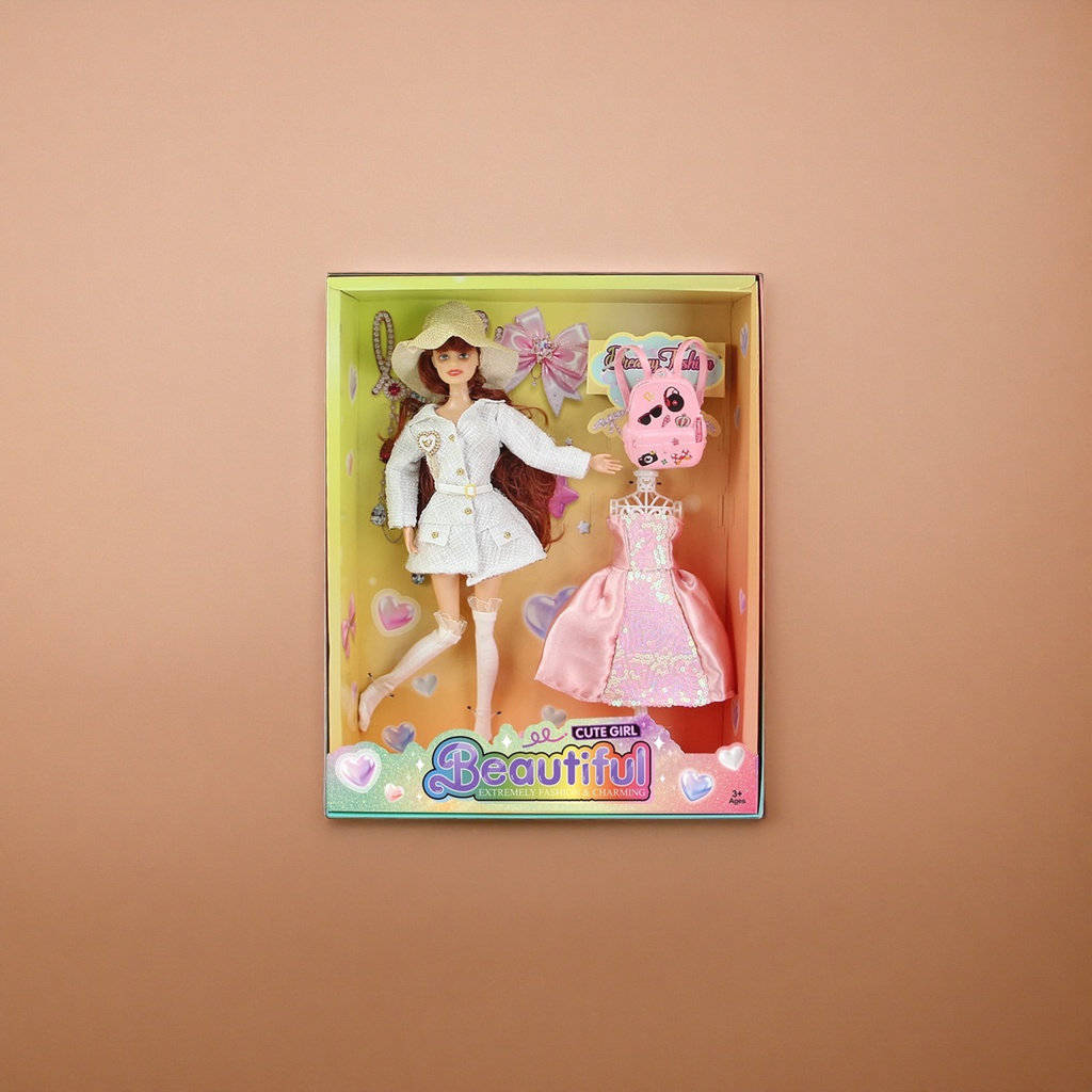 Fashionable Barbie doll set, 11-inch articulated white coat, pink dress, hat, backpack details Picture