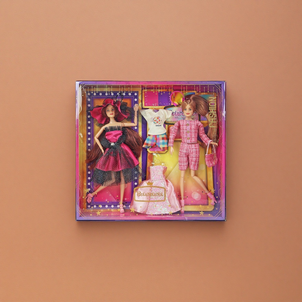 This fashionable Barbie doll set comes in a beautiful gift box with two dolls of different designs and multiple sets of clothing accessories Specification image