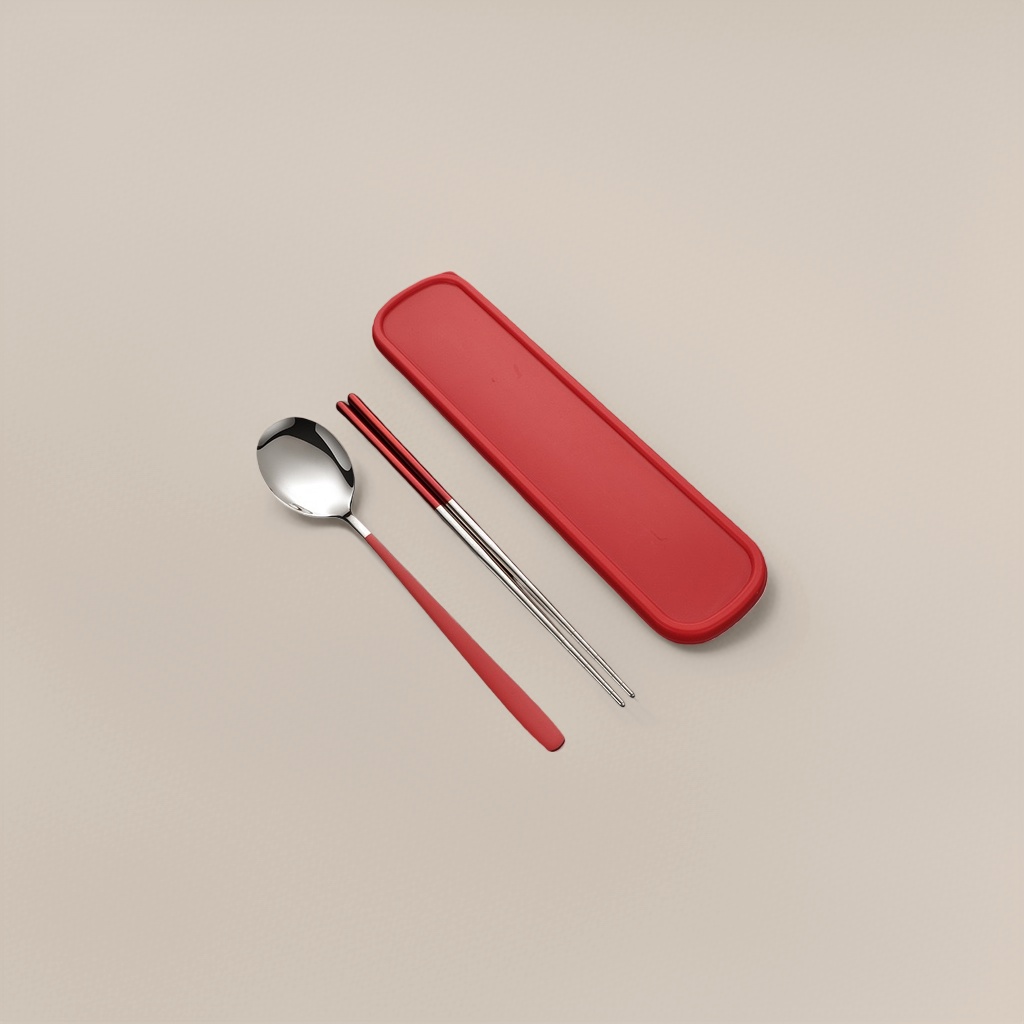 Red portable tableware set, chopsticks and spoons storage box, essential for travel and picnics details Picture
