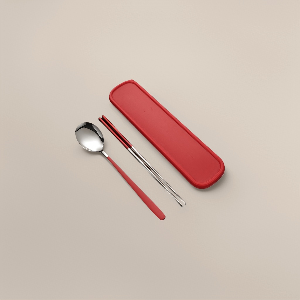 Red portable tableware set, chopsticks and spoons storage box, essential for travel and picnics Specification image