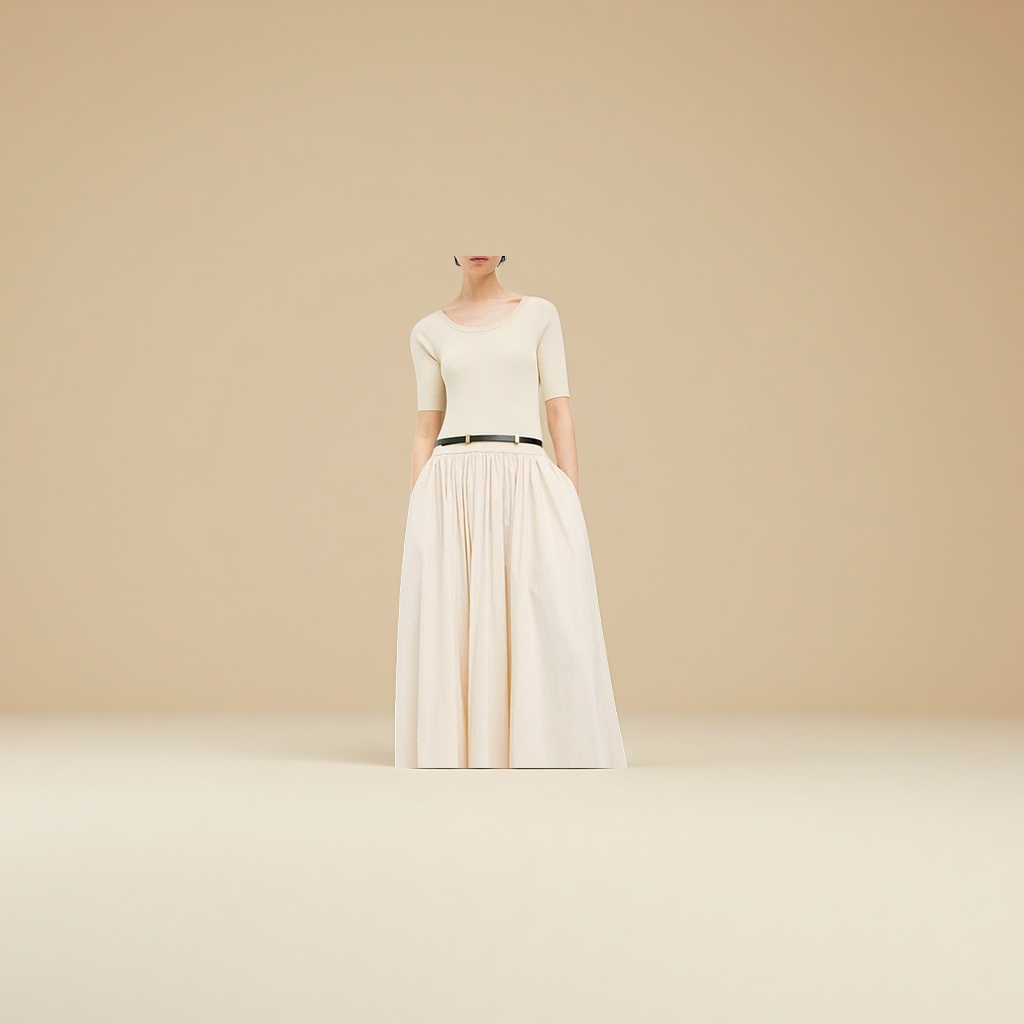 A new cream-colored A-line dress for women in summer, with a cinched waist and a slimming look
