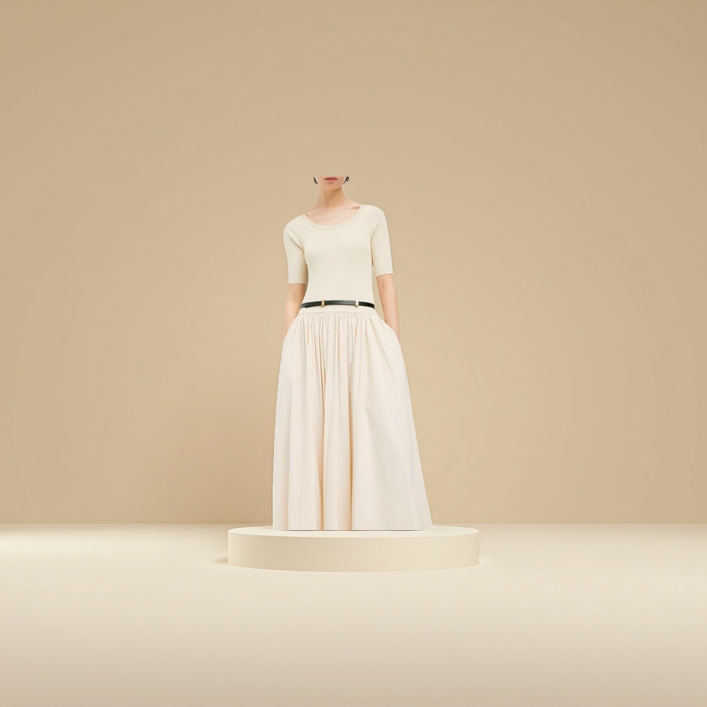 A new cream-colored A-line dress for women in summer, with a cinched waist and a slimming look details Picture