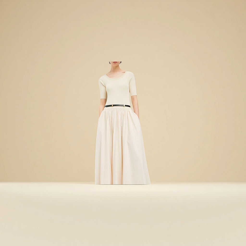 A new cream-colored A-line dress for women in summer, with a cinched waist and a slimming look Specification image