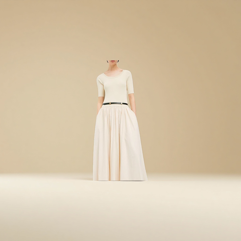 A new cream-colored A-line dress for women in summer, with a cinched waist and a slimming look Application Scenario