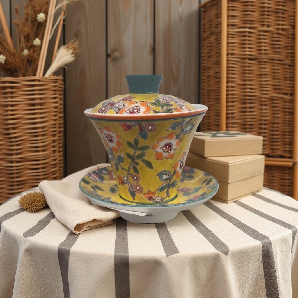 Yellow floral pattern covered bowl ceramic tea set, household kung Fu tea cup with lid, tea bowl details Picture