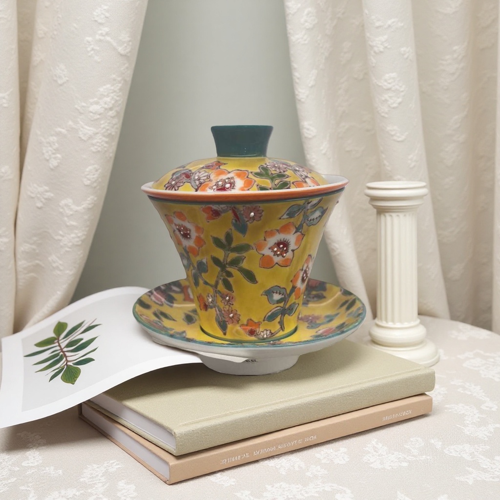Yellow floral pattern covered bowl ceramic tea set, household kung Fu tea cup with lid, tea bowl Specification image