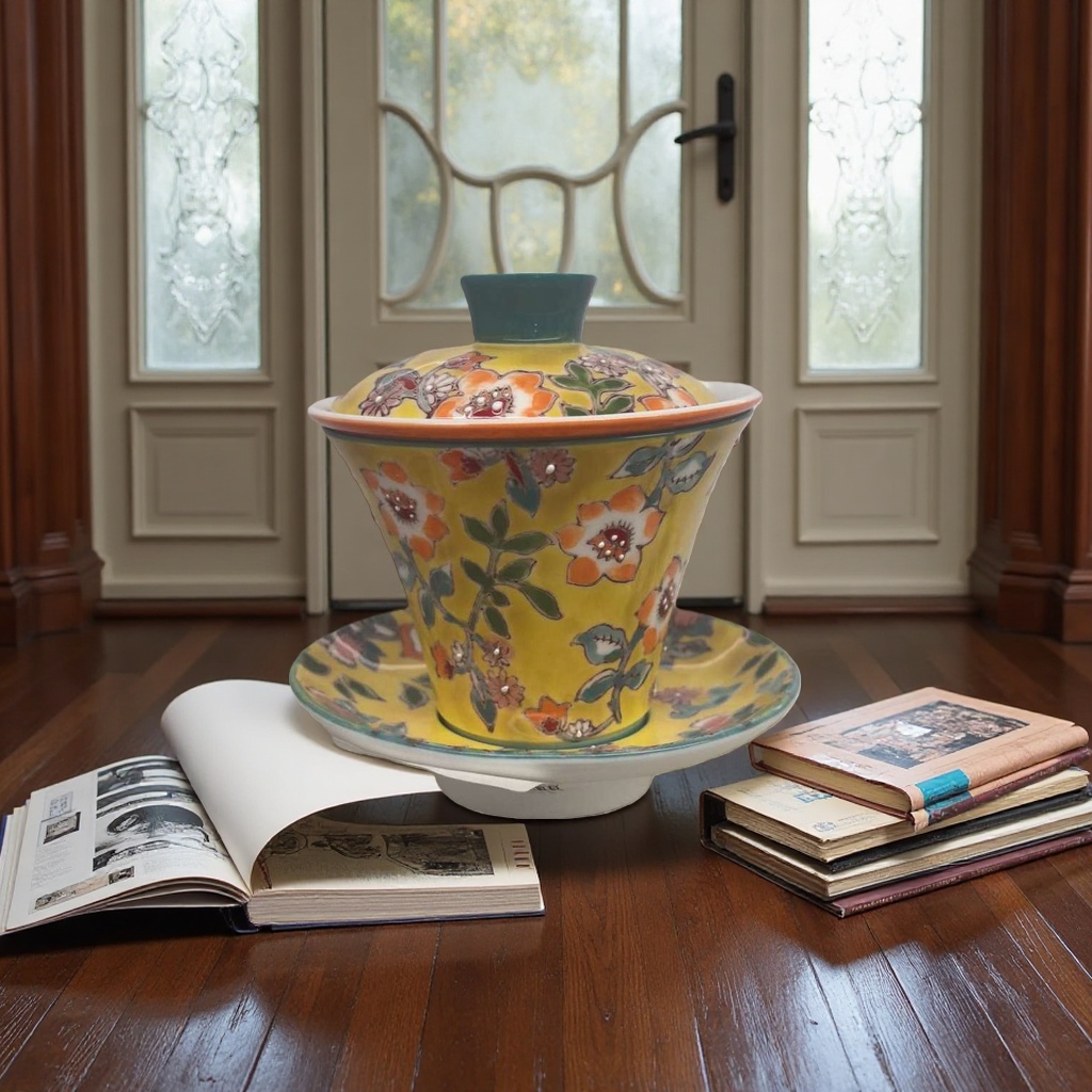 Yellow floral pattern covered bowl ceramic tea set, household kung Fu tea cup with lid, tea bowl
