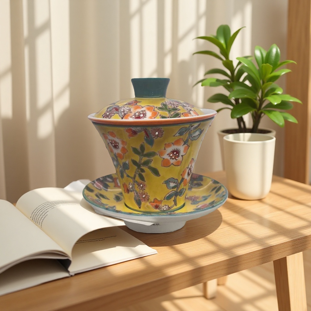 Yellow floral pattern covered bowl ceramic tea set, household kung Fu tea cup with lid, tea bowl Application Scenario