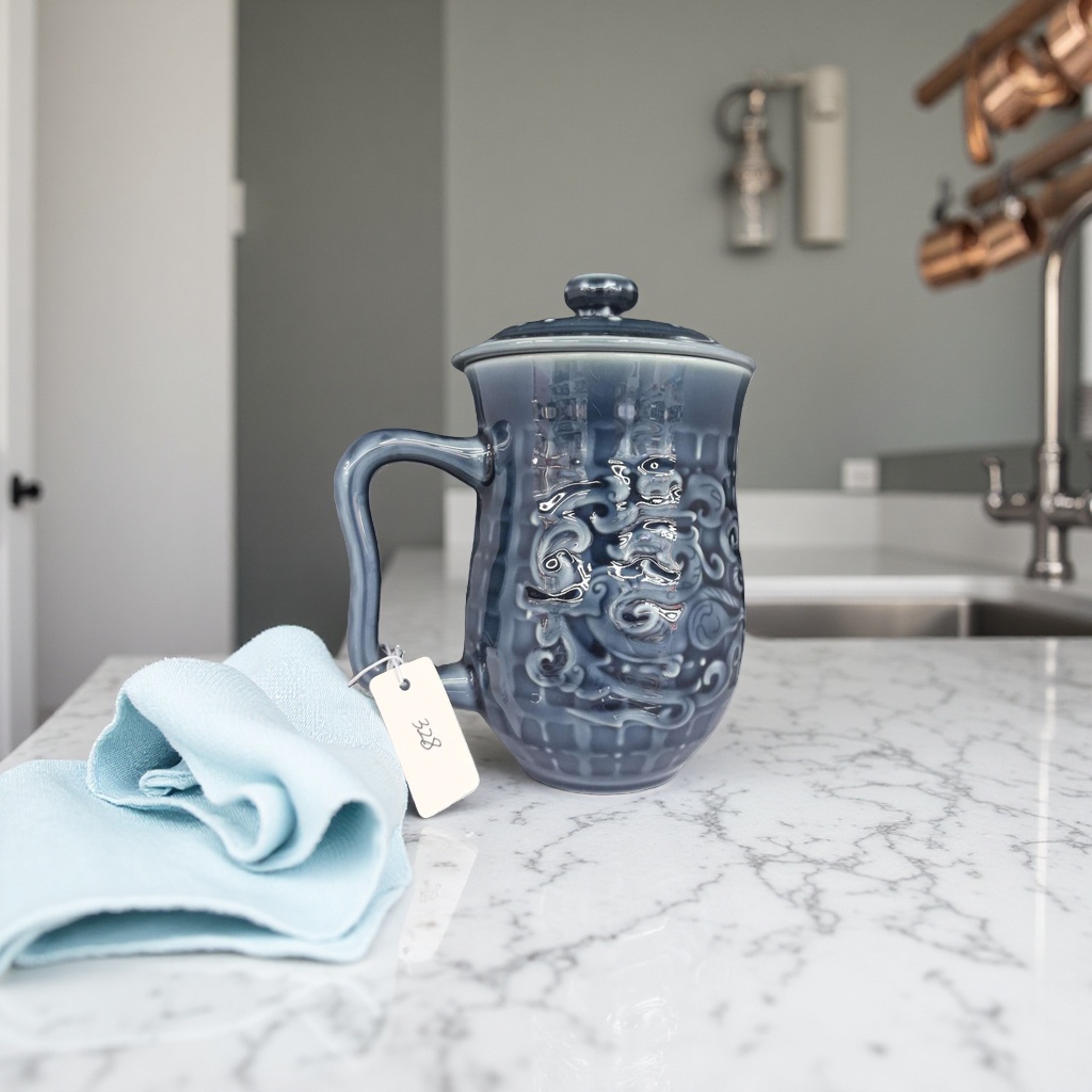 Blue ceramic teapot, a household heat-resistant Gongfu tea set with a smooth glaze for brewing